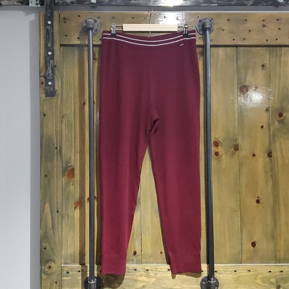 ST JOHN CASHMERE KNIT  CASUAL PANTS MAROON W STRIPE WAIST MEDIUM